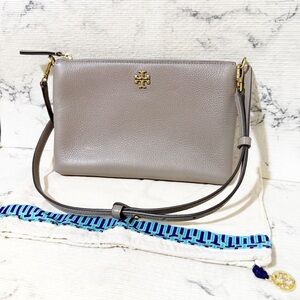 Tory Burch Mercer Gray Pebbled Leather Crossbody Bag